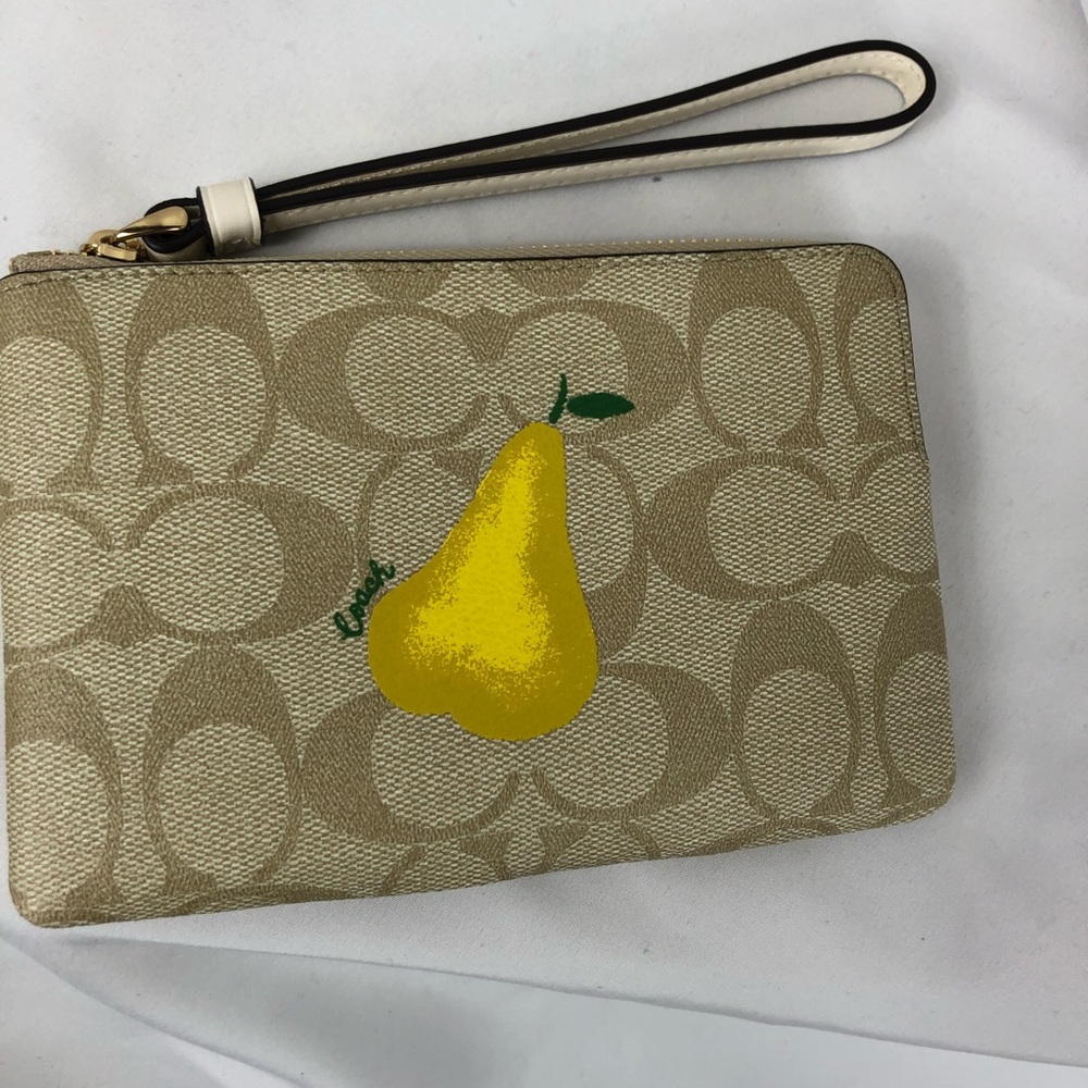 Coach Signature Canvas Pear Print Wristlet in Beige and Yellow